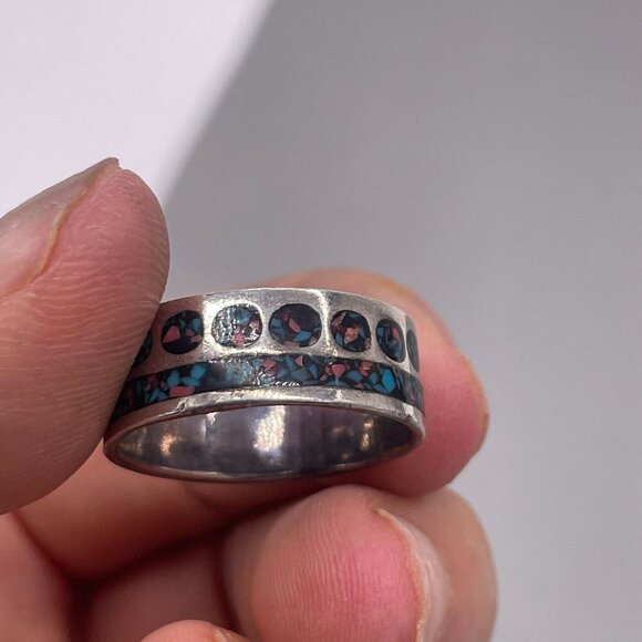 925 Sterling Silver Band Ring Gemstone Chips Inlay Size 8.75 - Picture 4 of 6